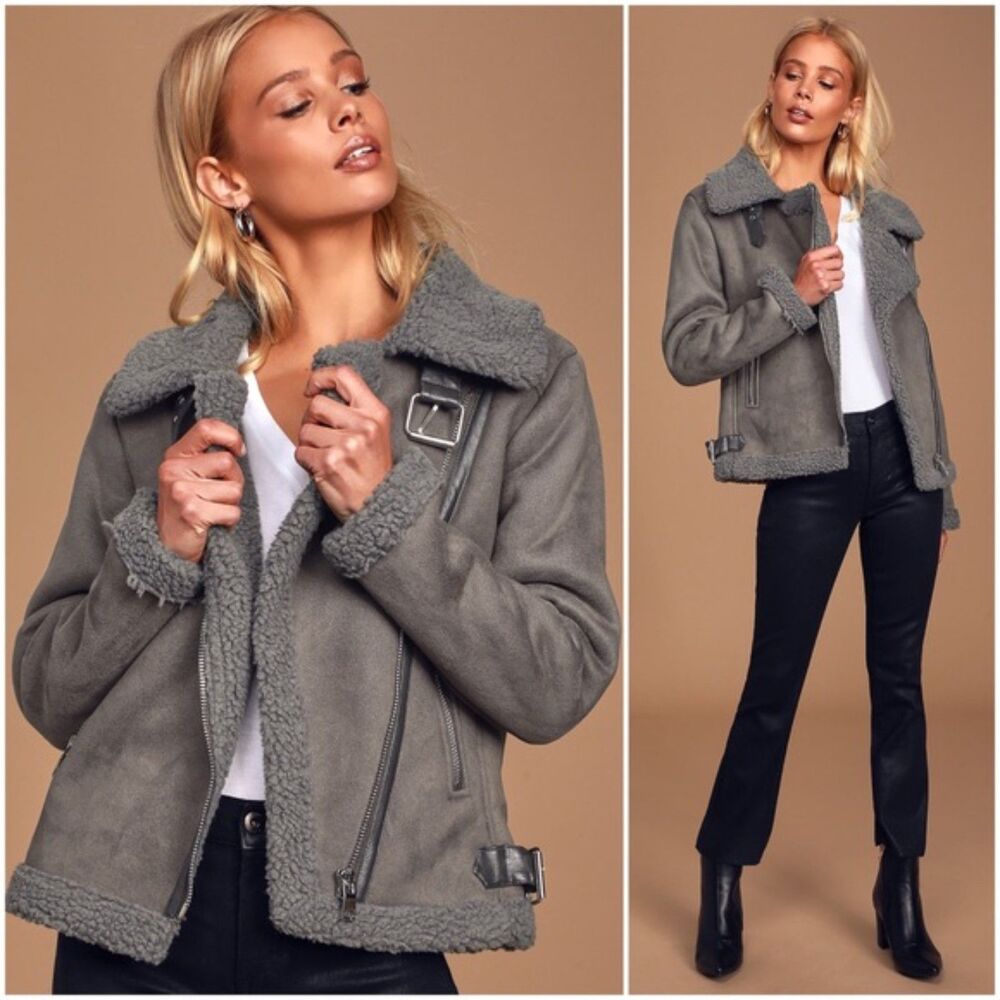 Lulus Game On Dark Grey Faux Suede Shearling Moto Jacket S